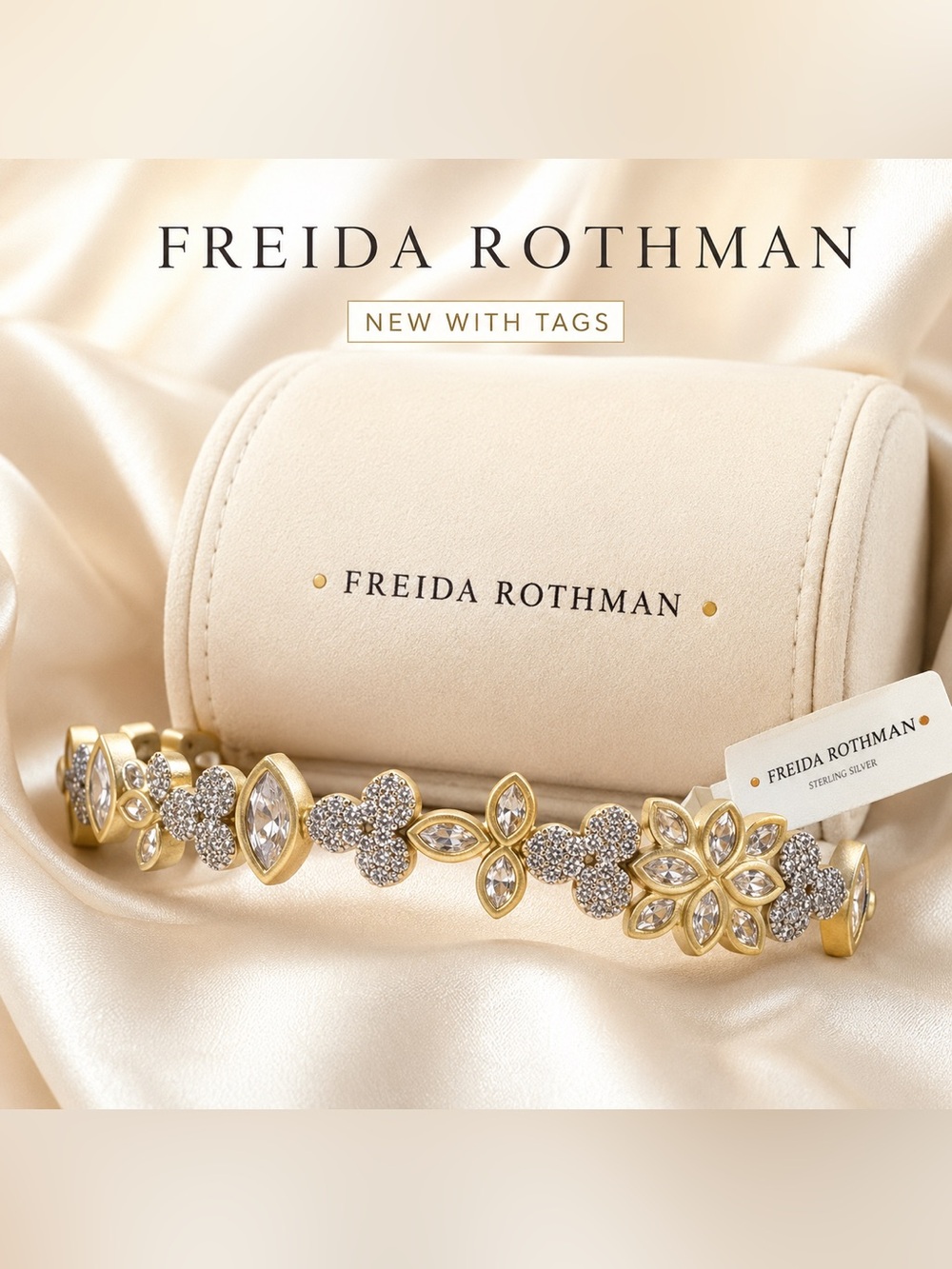Freida Rothman Matte Gold  Flower & Pave Bangle Bracelet - NWT